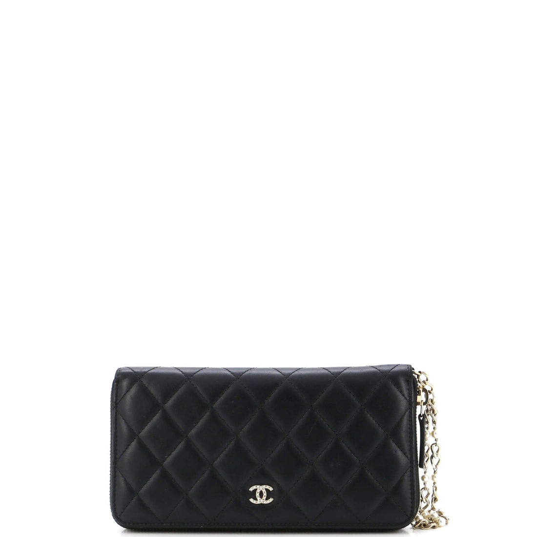 Chanel Zip Around Wallet With Pearl Chain Quilted Lambskin Long