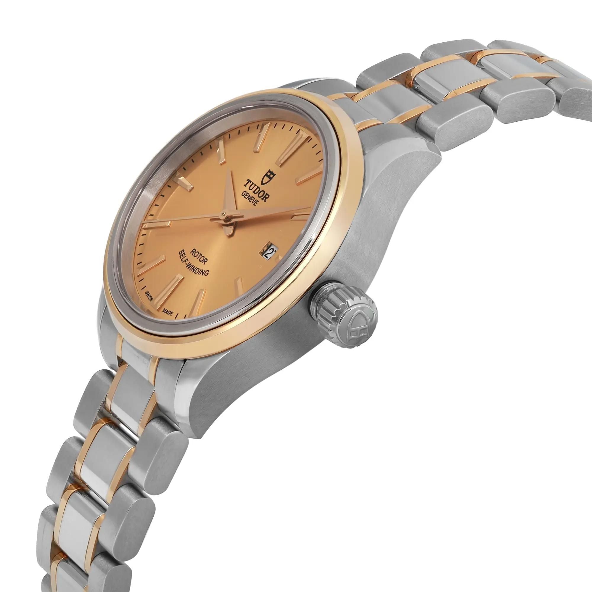 Tudor Style 28 18K Yellow Gold Steel Champagne Dial Ladies Watch 12103-0001