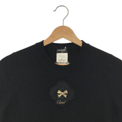 Chanel Short Sleeve Bow Sweater Black Cashmere 36