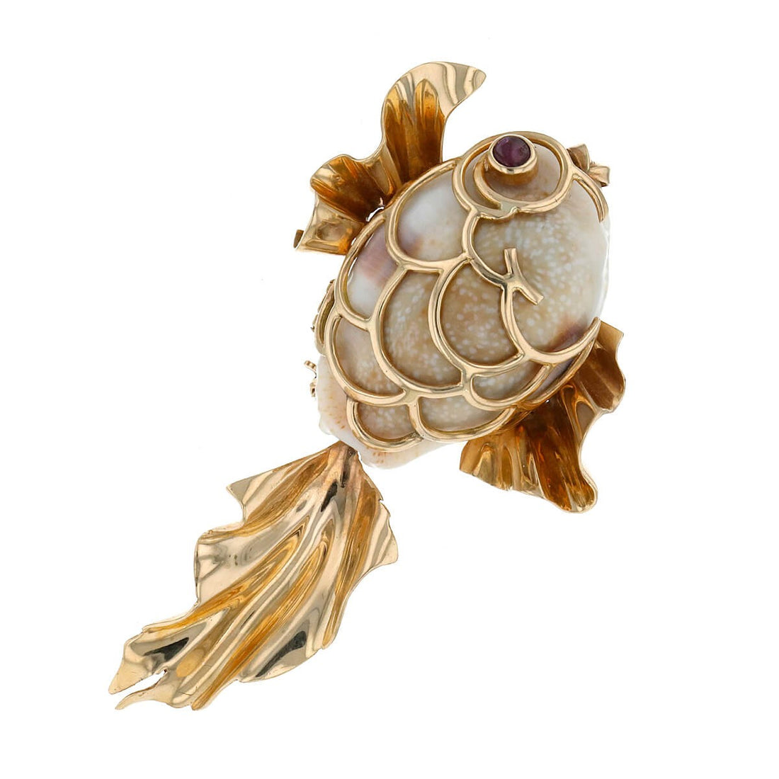 Ruby, shell and 14k gold brooch