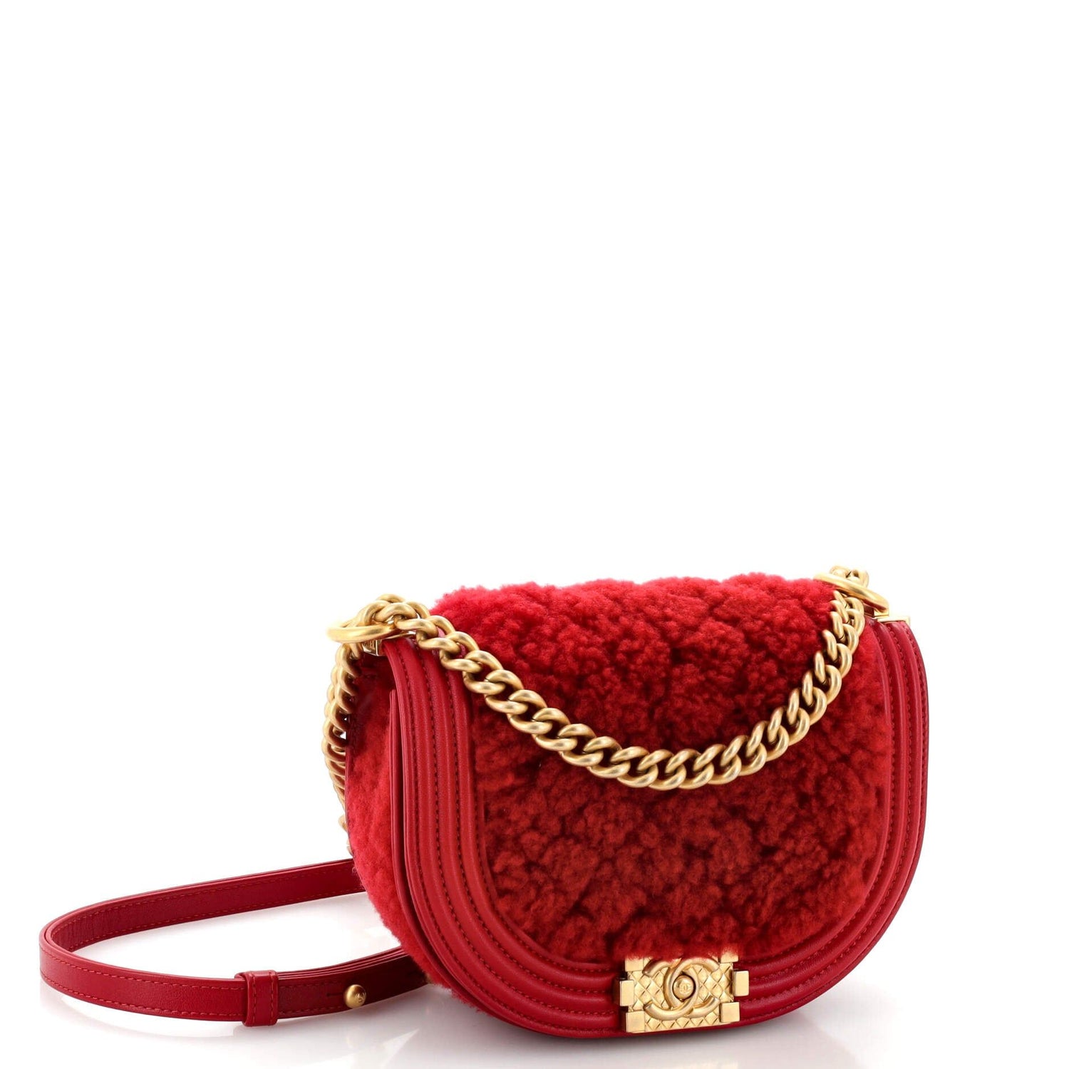 Chanel Boy Curved Messenger Bag Shearling With Leather Small