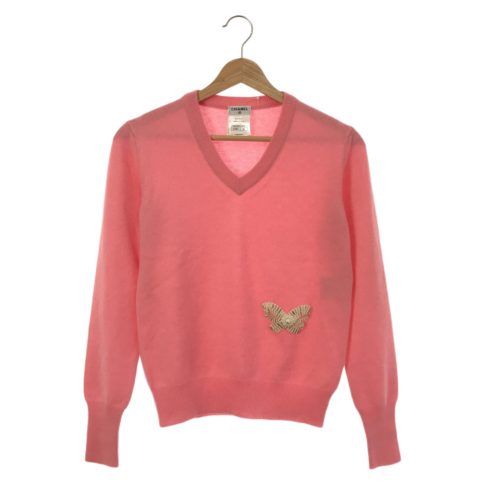 Chanel V-neck Sweater Knitwear P 40780k 02896 Cashmere Pink 