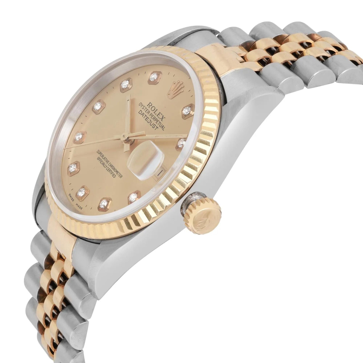 Rolex Datejust 36mm No Hole 18K Gold Steel Champagne Diamond Dial Watch 16233