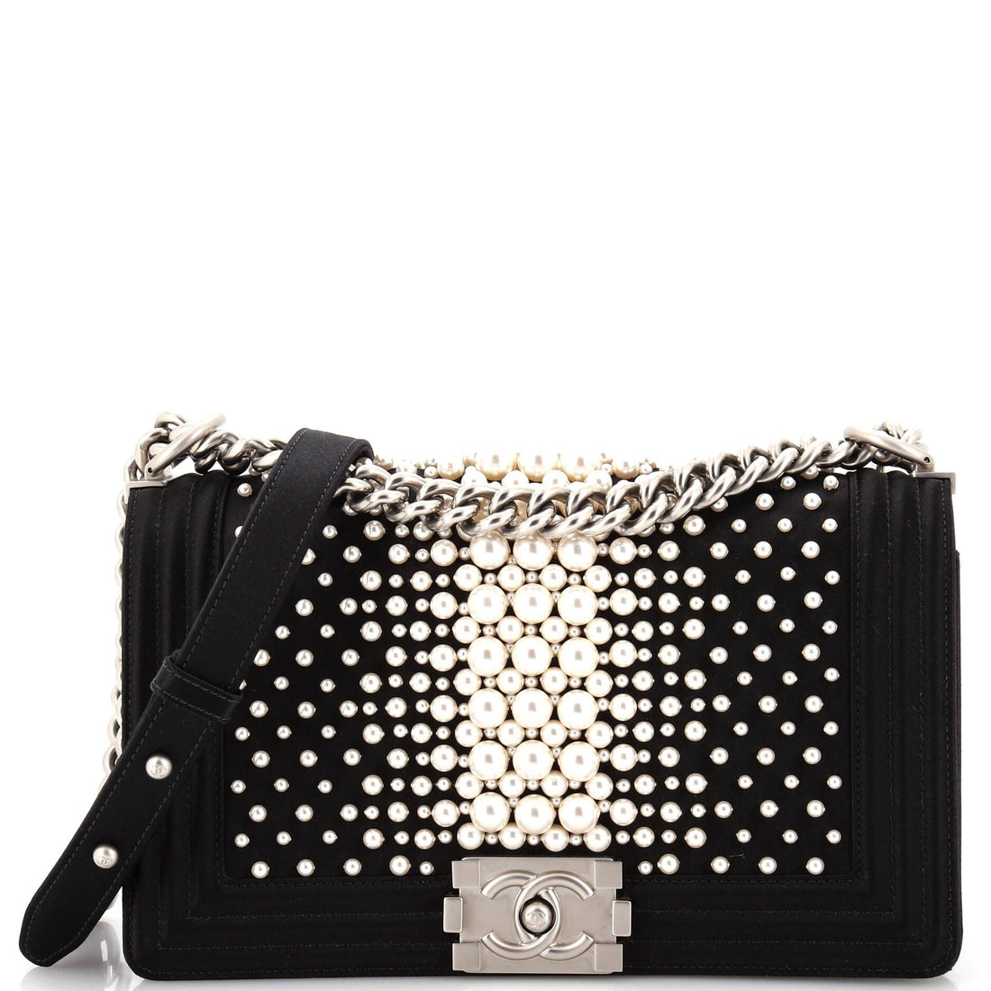 Boy Flap Bag Pearl Embellished Satin Old Medium