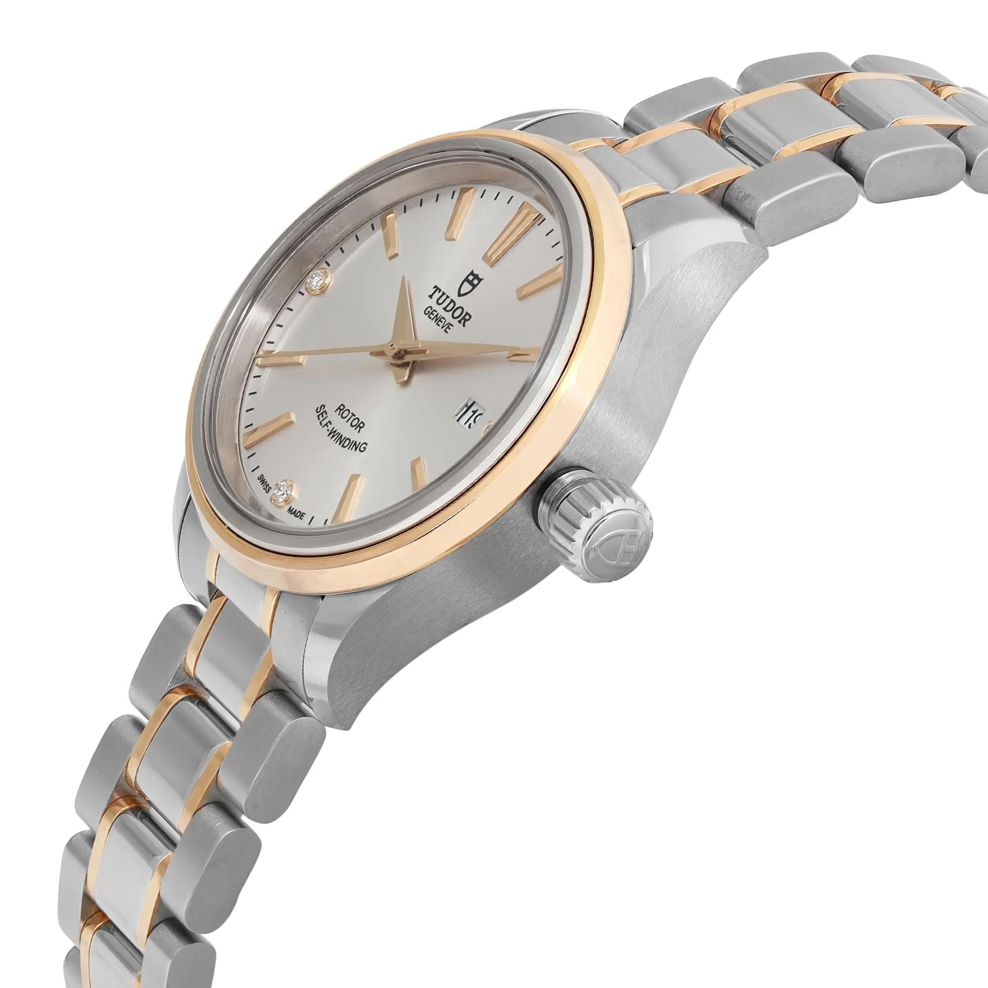 Tudor Style 28 18k Yellow Gold Steel Silver Diamond Dial Ladies Watch 12103-0005