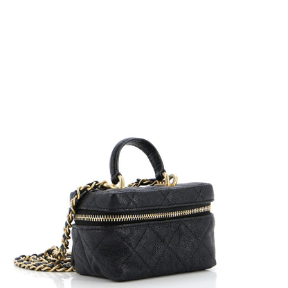 Chanel Top Handle Zip Around Vanity Case With Chain Quilted Caviar Mini