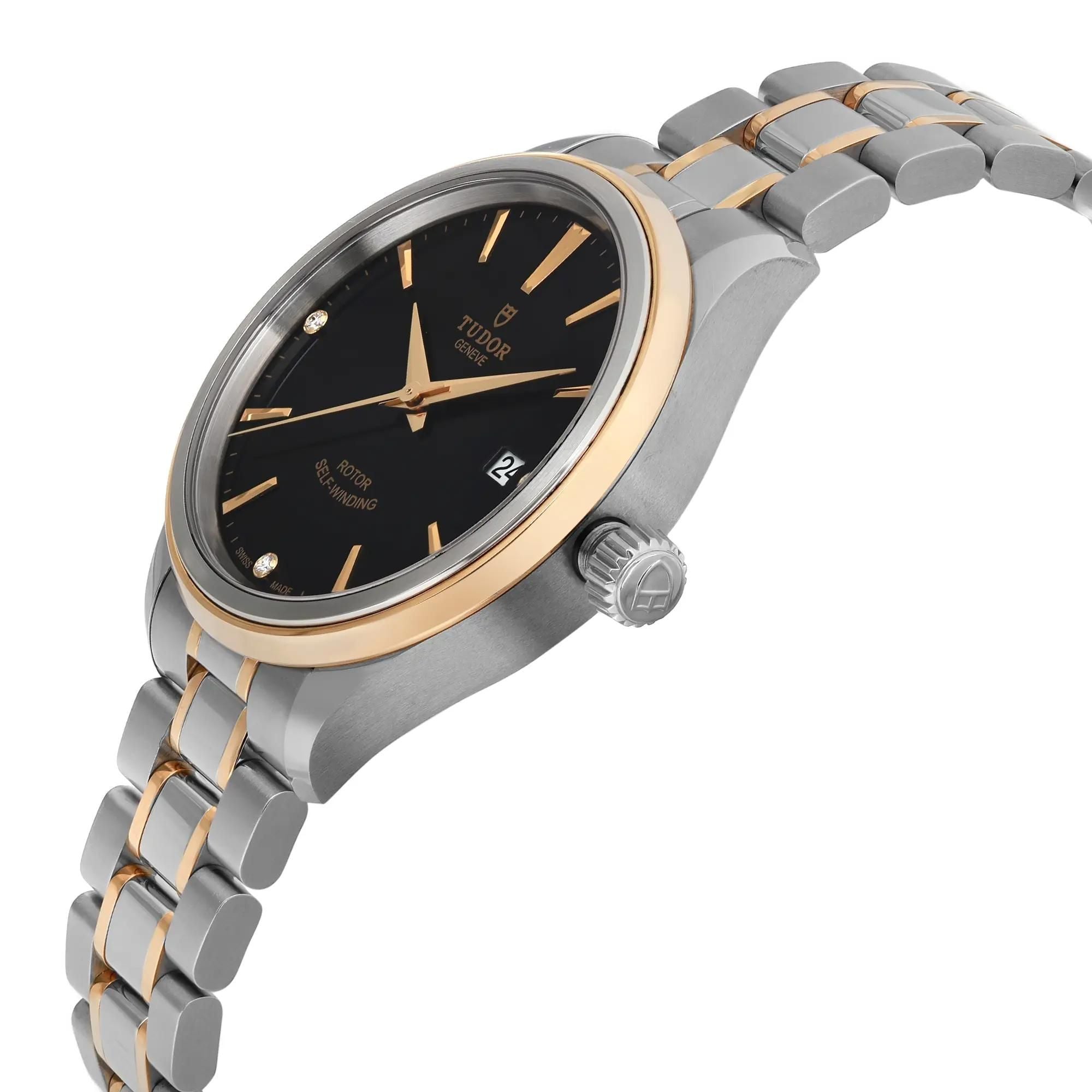 Tudor Style 38mm 18K Yellow Gold Steel Black Diamond Dial Watch 12503-0006