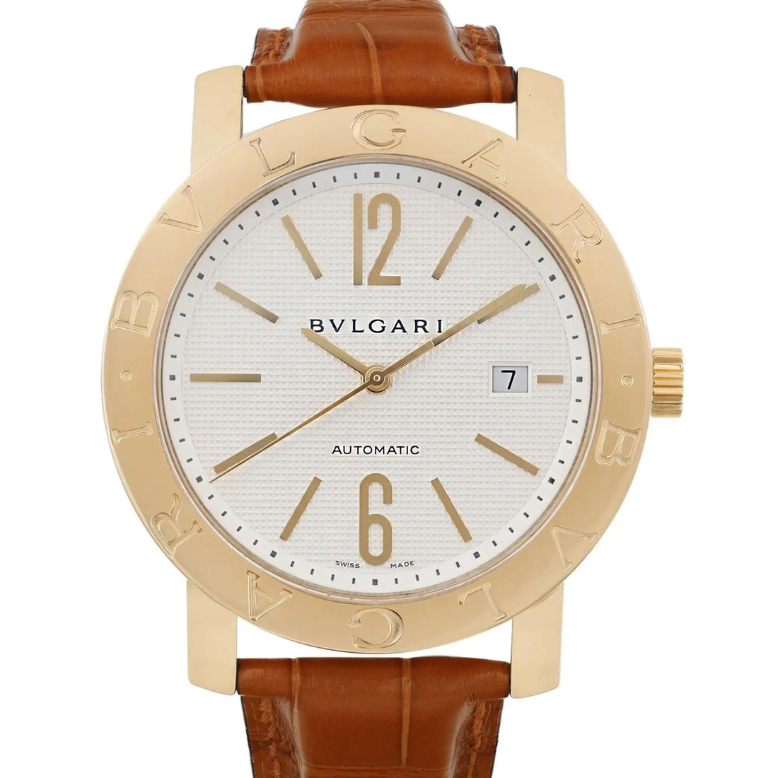 Bvlgari Diagono XL 42mm 18k Yellow Gold White Dial Leather Mens Watch BB42GL