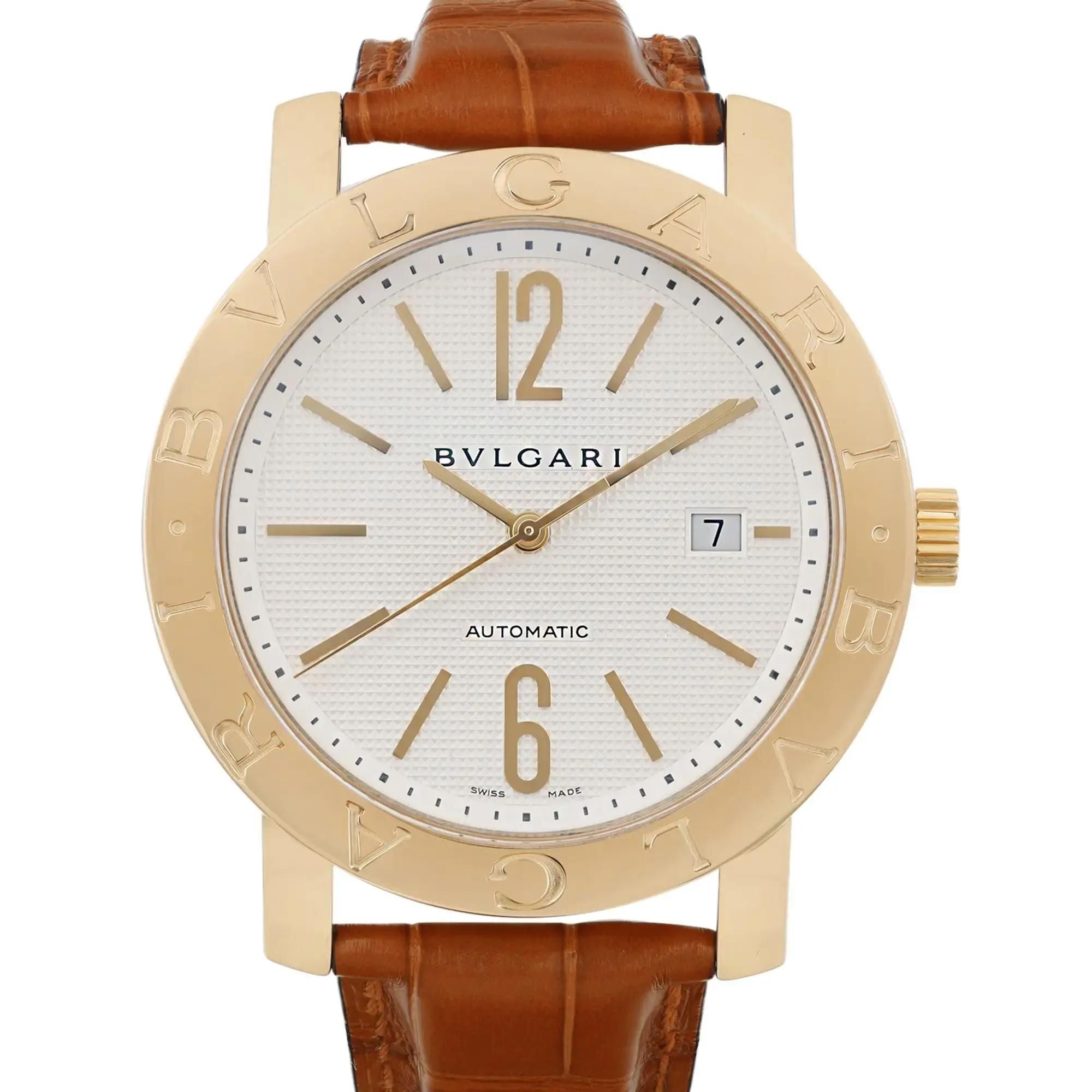Bvlgari Diagono XL 42mm 18k Yellow Gold White Dial Leather Mens Watch BB42GL