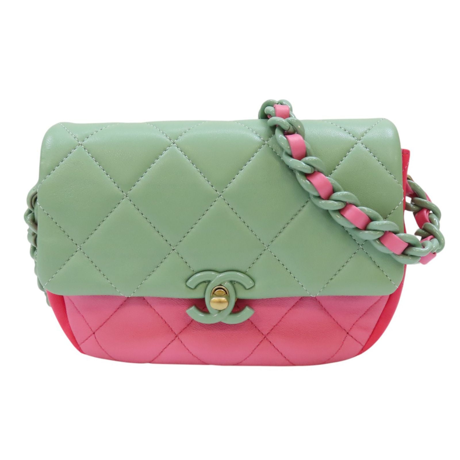 Chanel Tri-color Mini Flap Shoulder Bag Green Pink Multicolor Calfskin