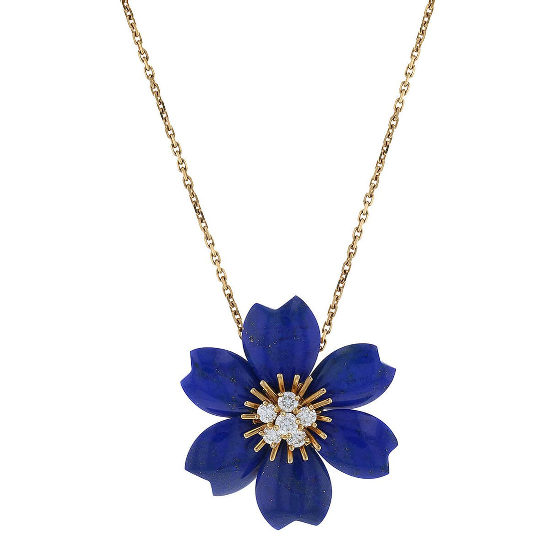 Van Cleef &amp; Arpels Rose de No‘l lapis lazuli, diamonds and gold brooch necklace