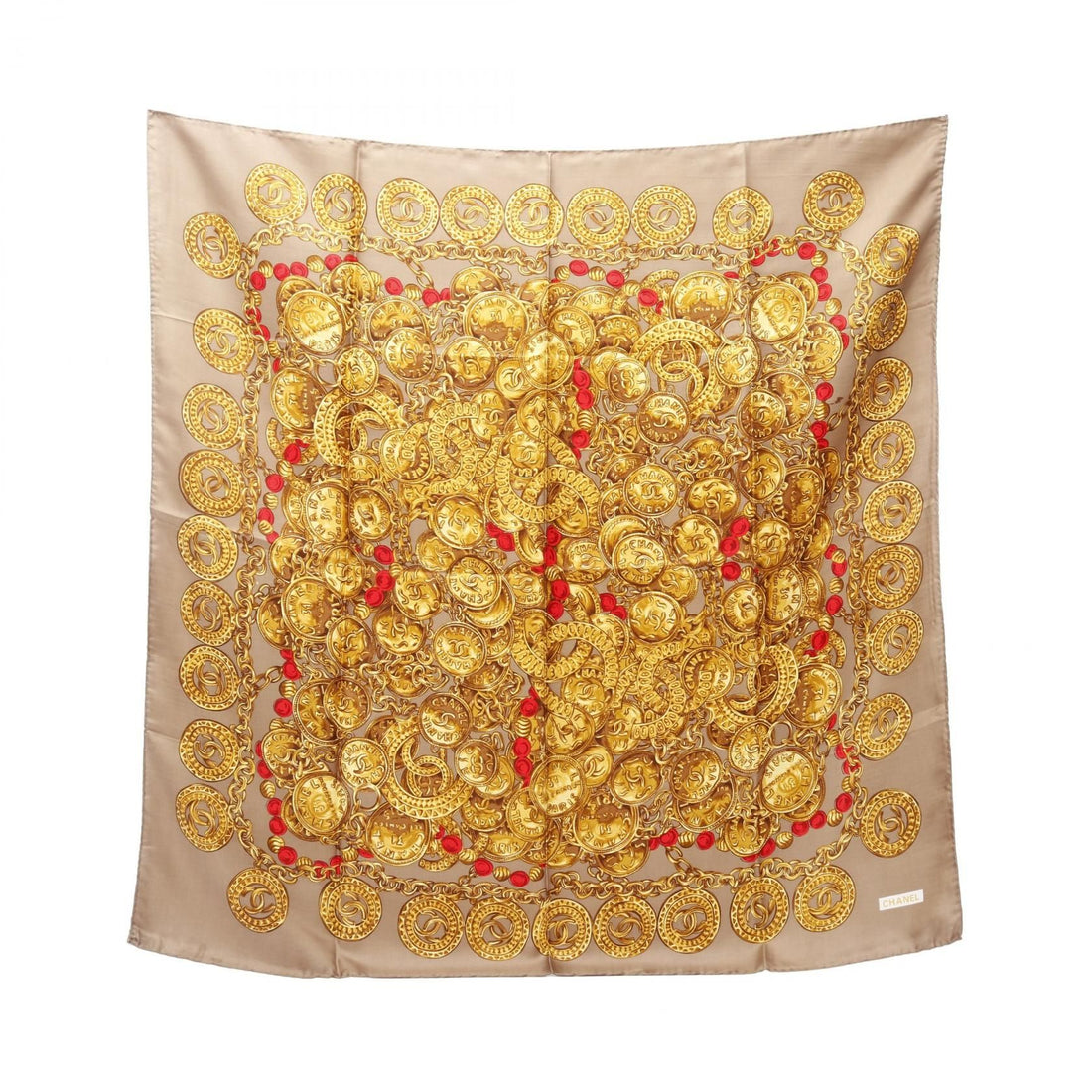 Chanel Brown Gold Multicolor Coco Mark Scarf Silk