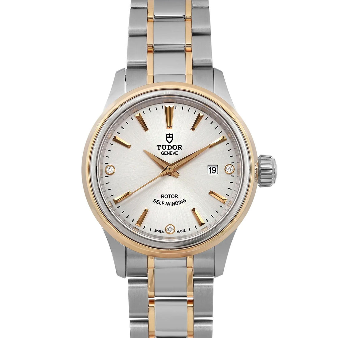 Tudor Style 28 18k Yellow Gold Steel Silver Diamond Dial Ladies Watch 12103-0005