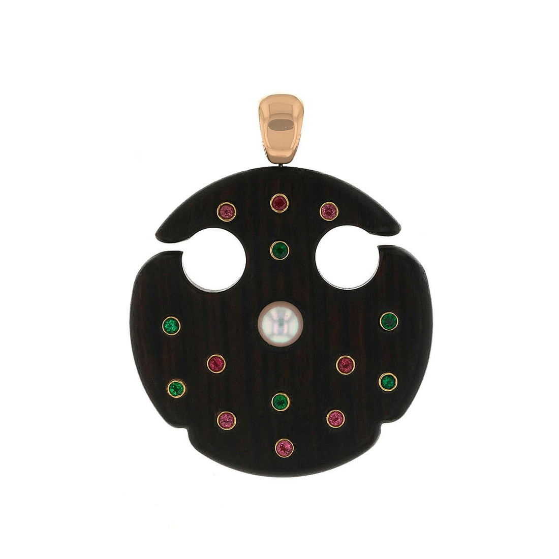 Wood, fine stones and gold pendant