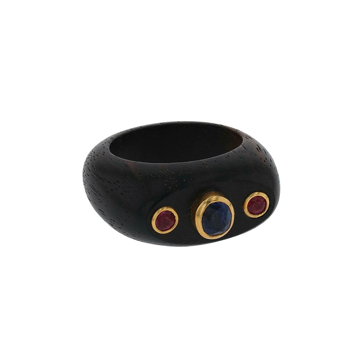 Wood, sapphires, rubies and gold ring