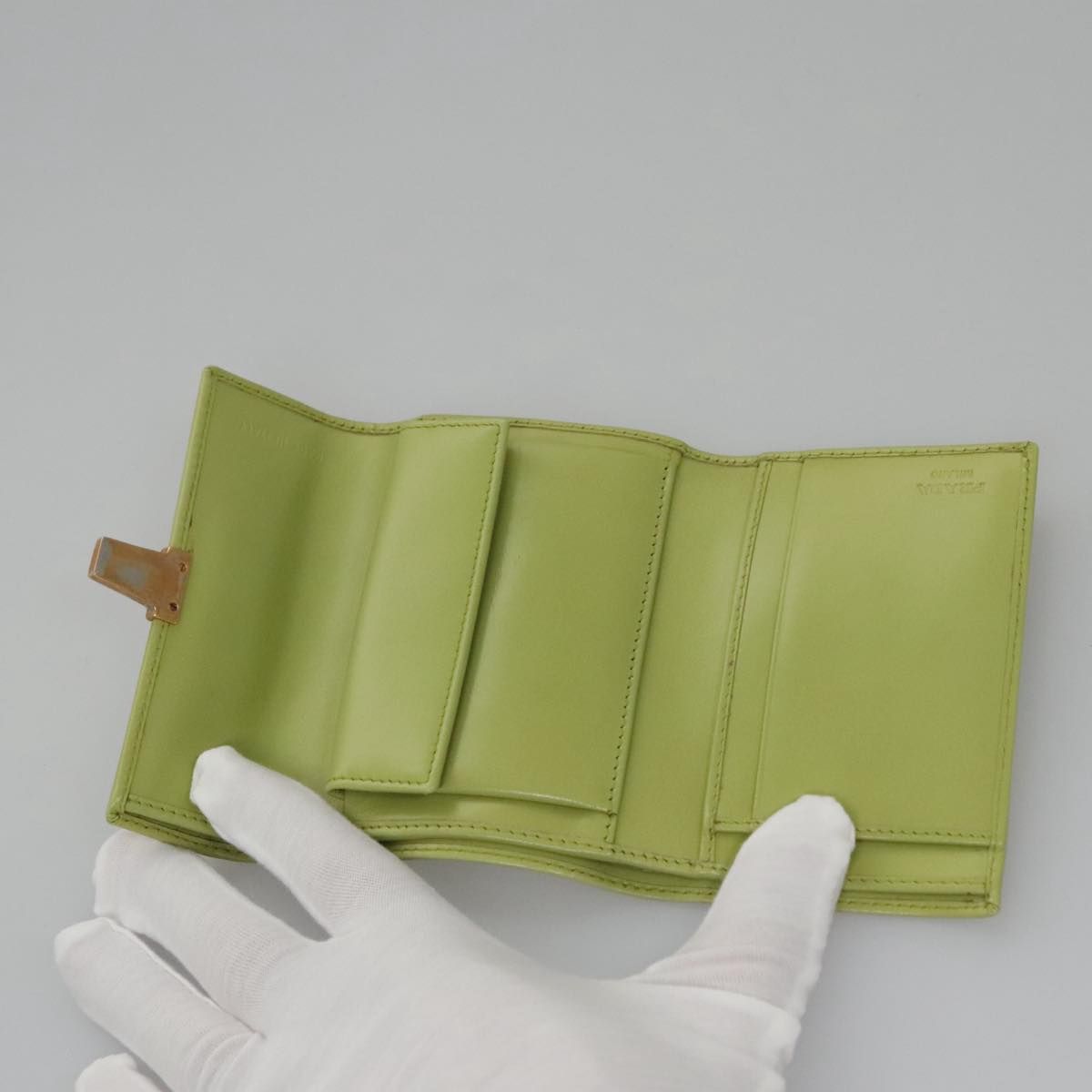 Prada Wallet Leather Green Gold Auth