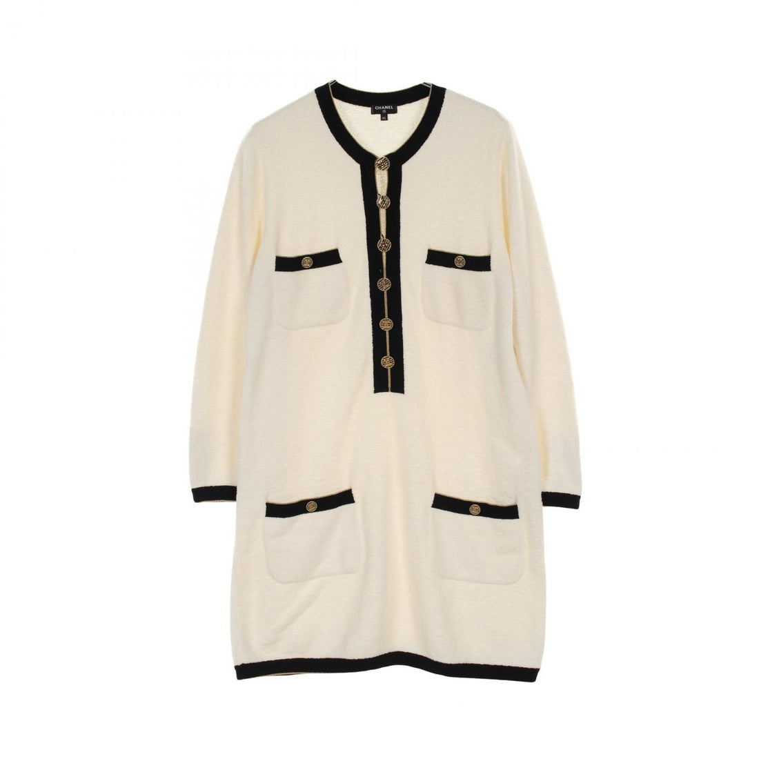 Chanel White Black Coco Mark Button Pile Dress Cotton P 60463k 46062