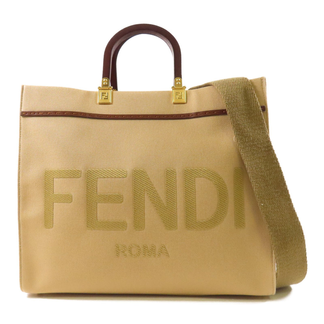 Fendi Canvas Sunshine Medium Gold Hand-handed Bag For Shoulders And Backs 2way Shoulder Bag Brown Canvas 8bh 386