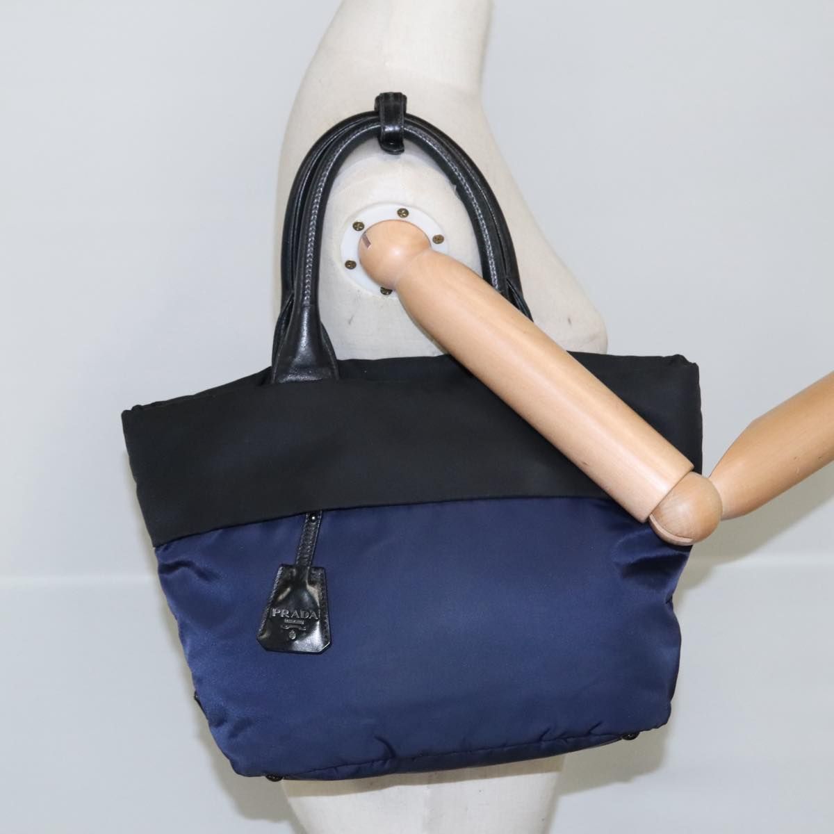 Prada Hand Bag Nylon Navy Silver Auth