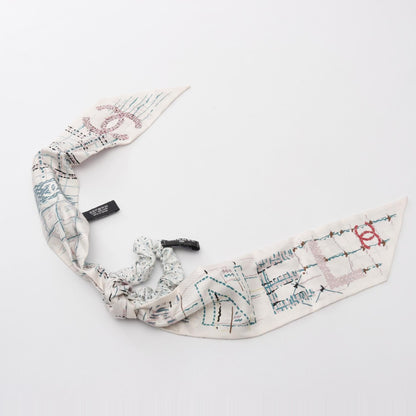 Chanel White Multicolor Coco Mark Scrunchie Scarf Silk
