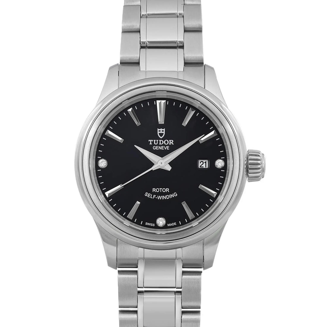 Tudor Style 28mm Steel Black Diamond Dial Ladies Automatic Watch 12100-0004