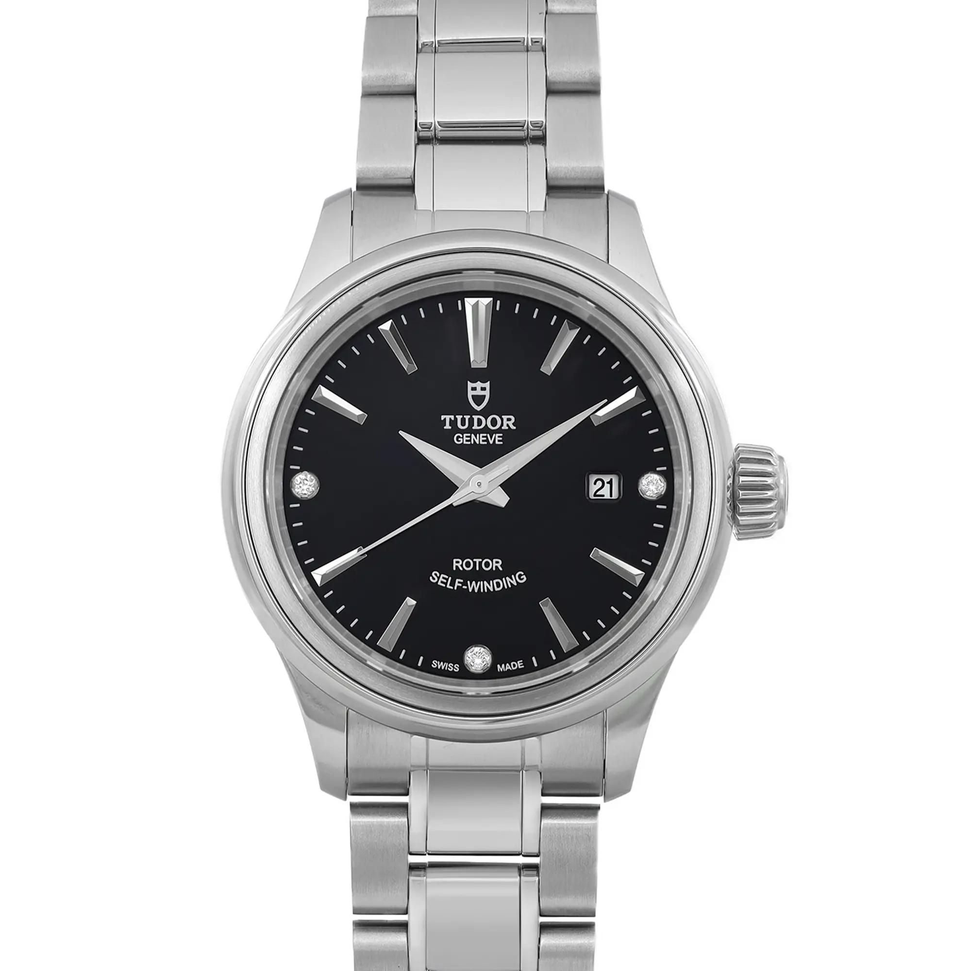 Tudor Style 28mm Steel Black Diamond Dial Ladies Automatic Watch 12100-0004