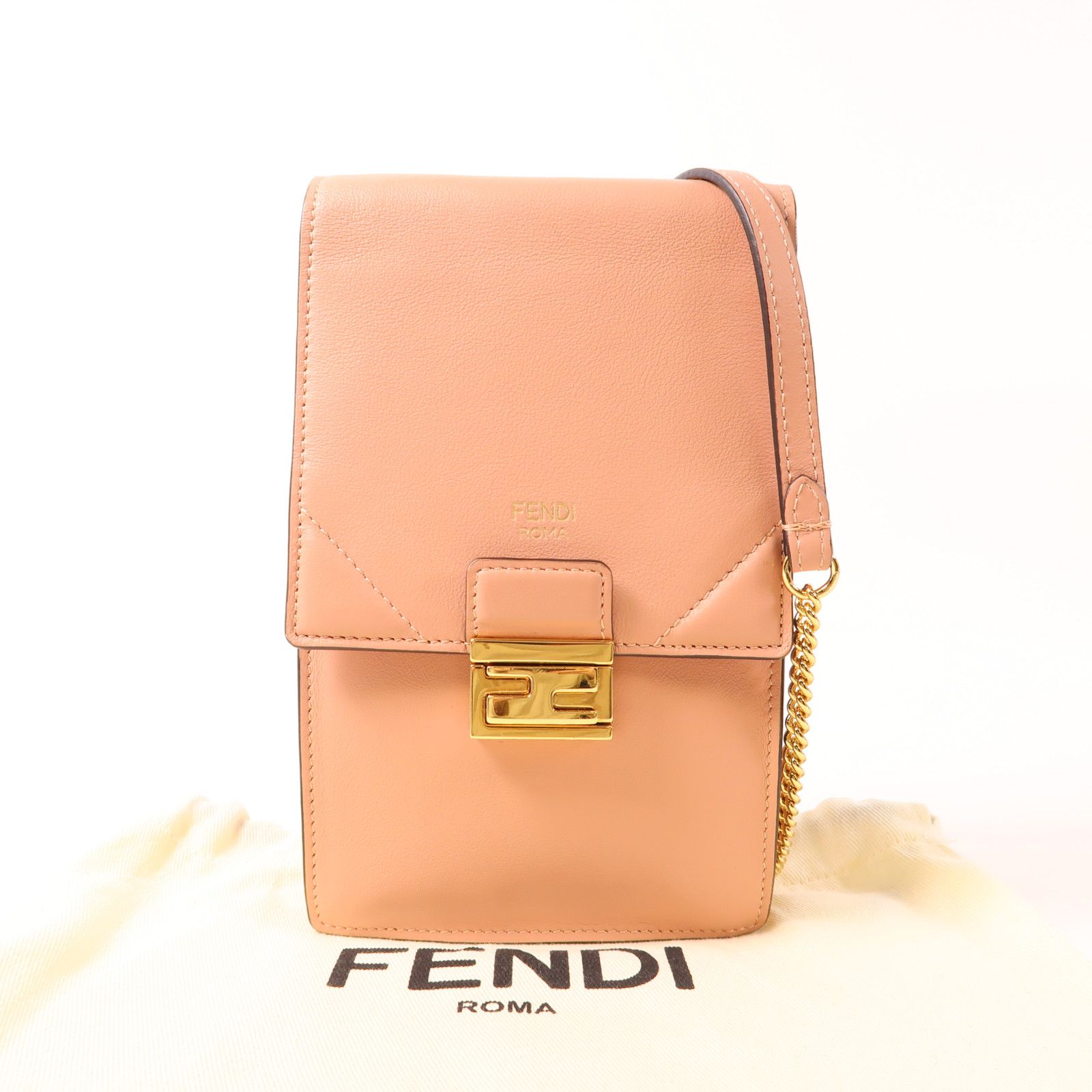 Fendi Cowhide Leather Phone Bag Golden Crosshair Shoulder Back Bag Pink Calfskin (cowhide) 8m 0436